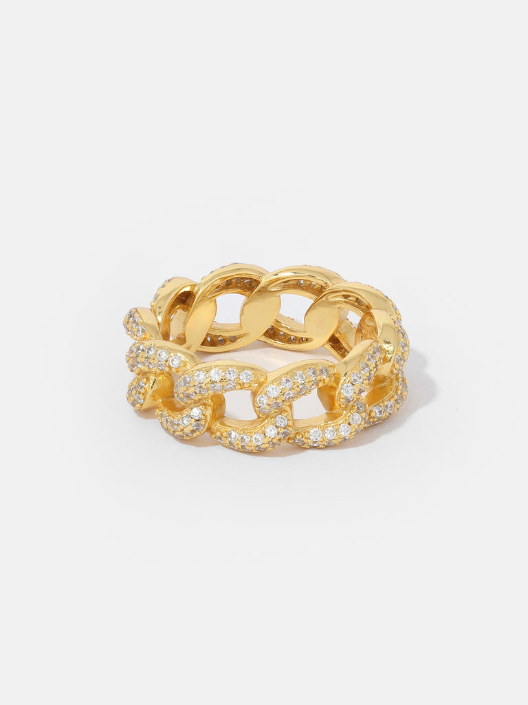 Image of gold ring with link shape motif over with small round, clear-colored crystals